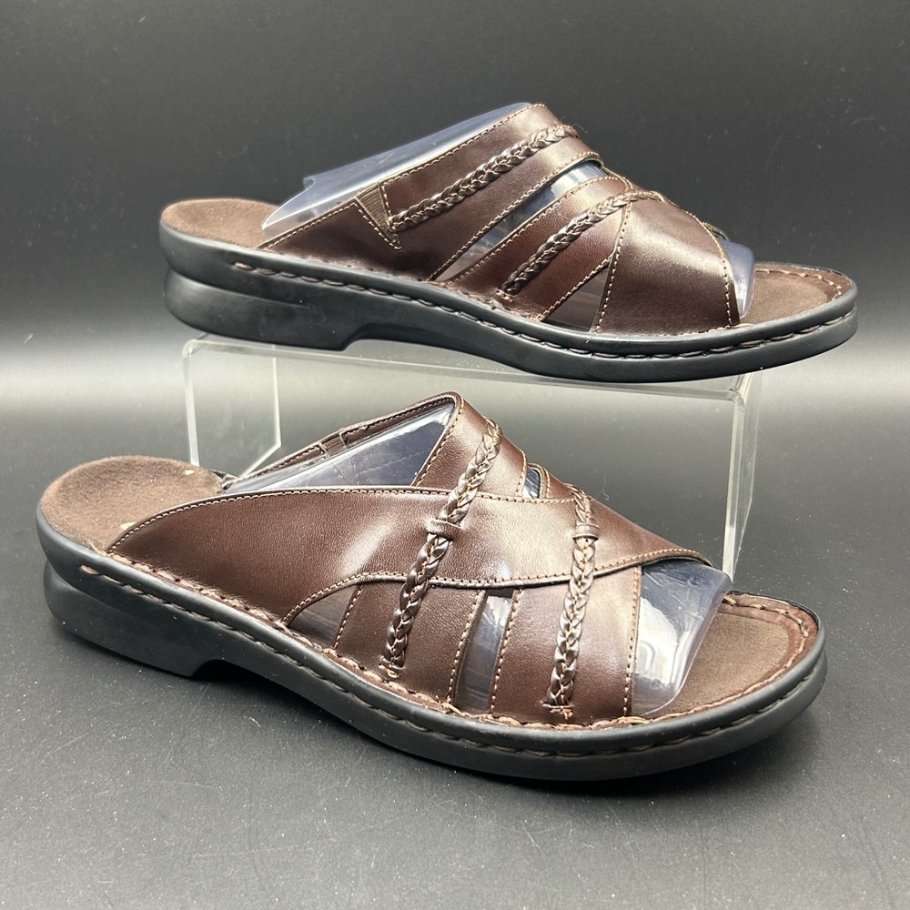 Clarks Braid Slide Sandals Womens 8M Brown Leather Braided Straps Boho Comfort